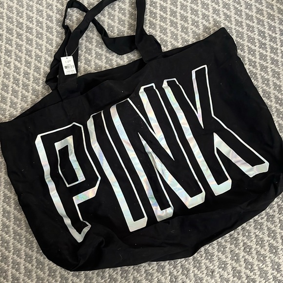 Pink Large Tote Bag Black and Silver Iridescent NWT - Picture 1 of 9